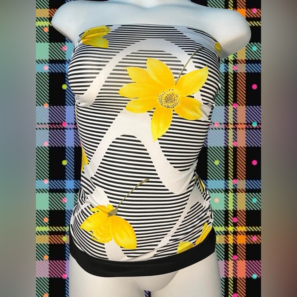 Body Central Black & White Striped Tank with Yellow Floral Accents